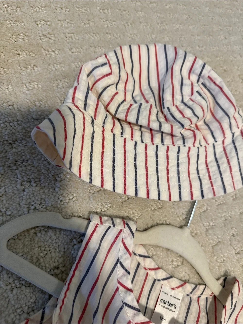 Carter's White Romper with Red & Navy Stripes and Matching Hat